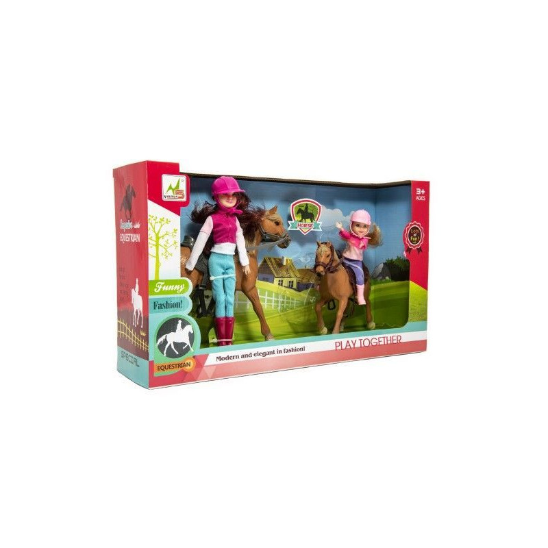 Kůň 2ks + panenka žokejka 2ks plast v krabici 44x26x12cm