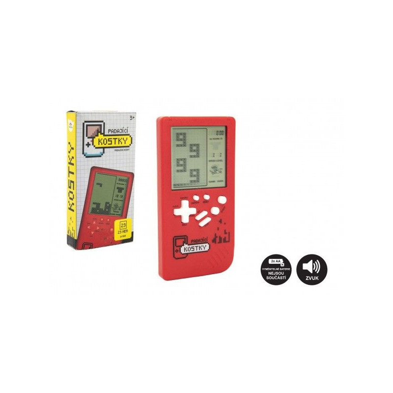 Digitální hra Padající kostky hlavolam plast 14x7cm červená na baterie se zvukem v krabičce 7,5x14,5