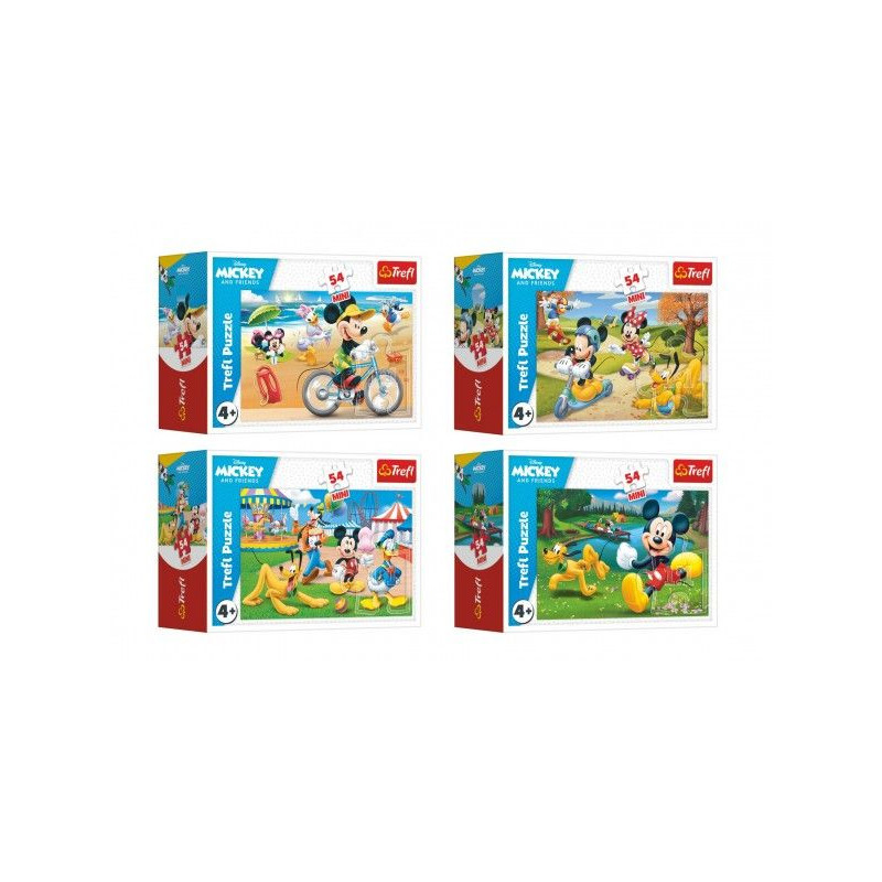Minipuzzle 54 dílků Mickey Mouse Disney/ Den s přáteli 4 druhy v krabičce 9x6,5x4cm 40ks v boxu