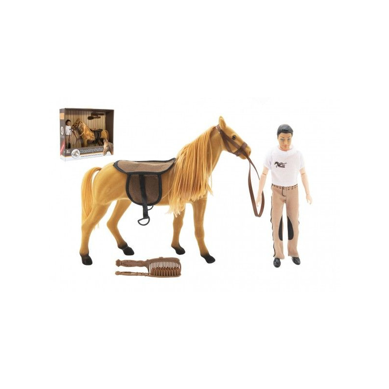 Kůň fliška česací + panáček kloubový 30cm plast s doplňky v krabici 45x39x12cm