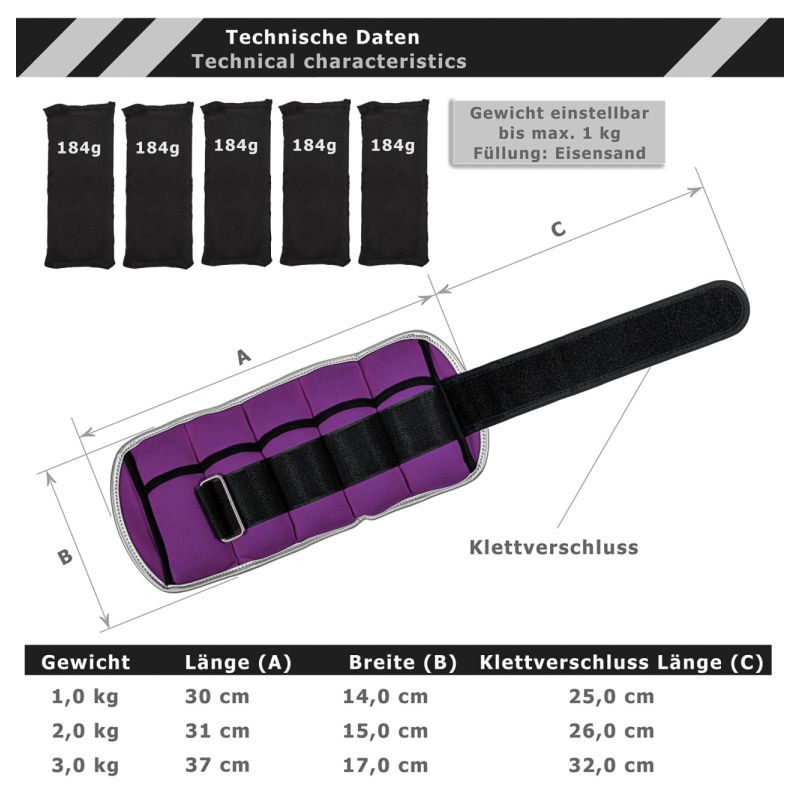 MOVIT Neoprenové reflexní zátěžové manžety, 2x1 kg, fialové